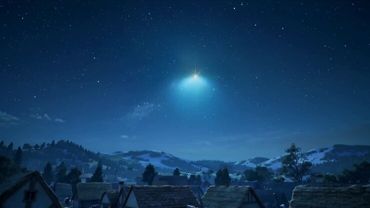 Golden star appearing above hamlet shifting camera to reveal lantern-lit cottage and grazing sheep