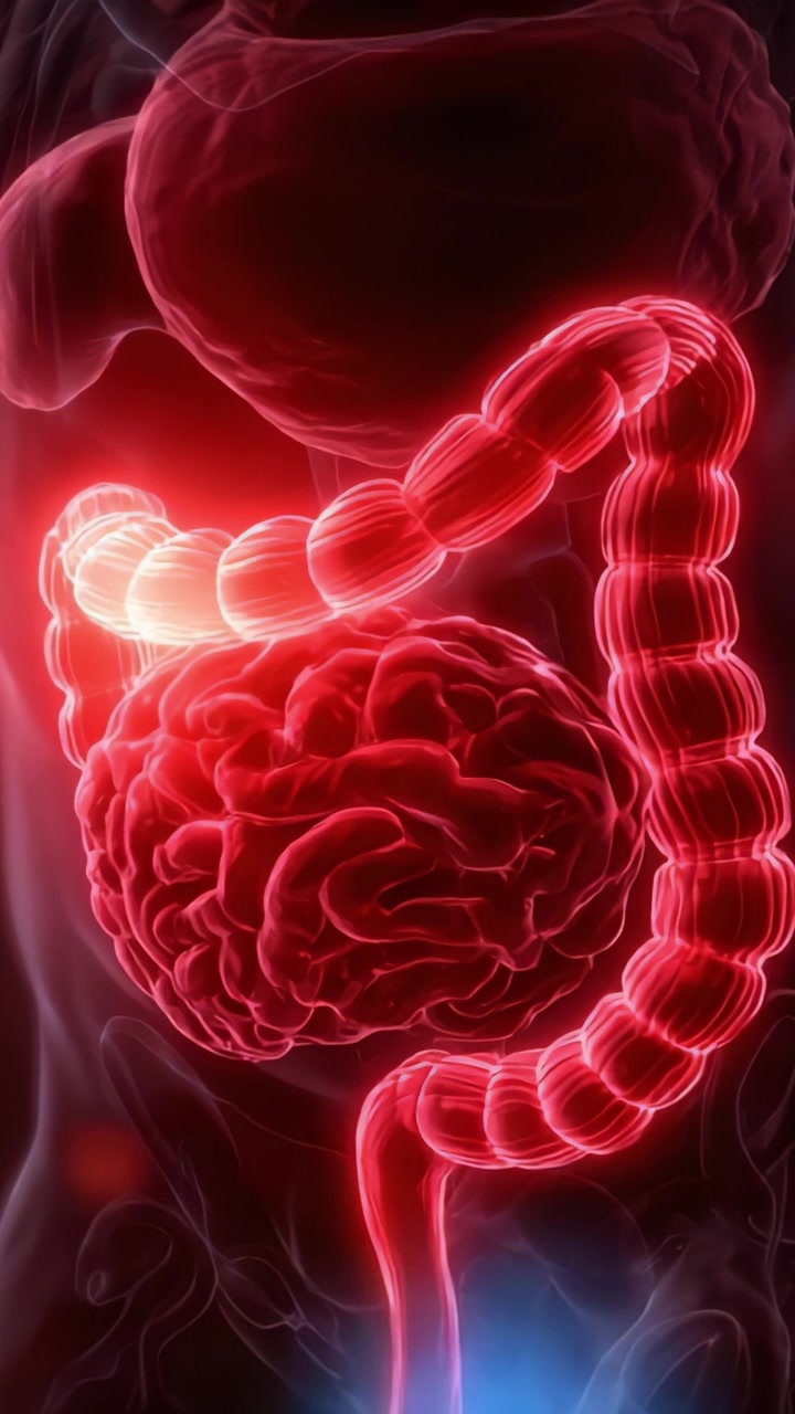 Una straordinaria visualizzazione 3D della connessione intestino-cervello umana, che illustra l'intricata relazione tra il cervello e il sistema digestivo con un bagliore al neon.