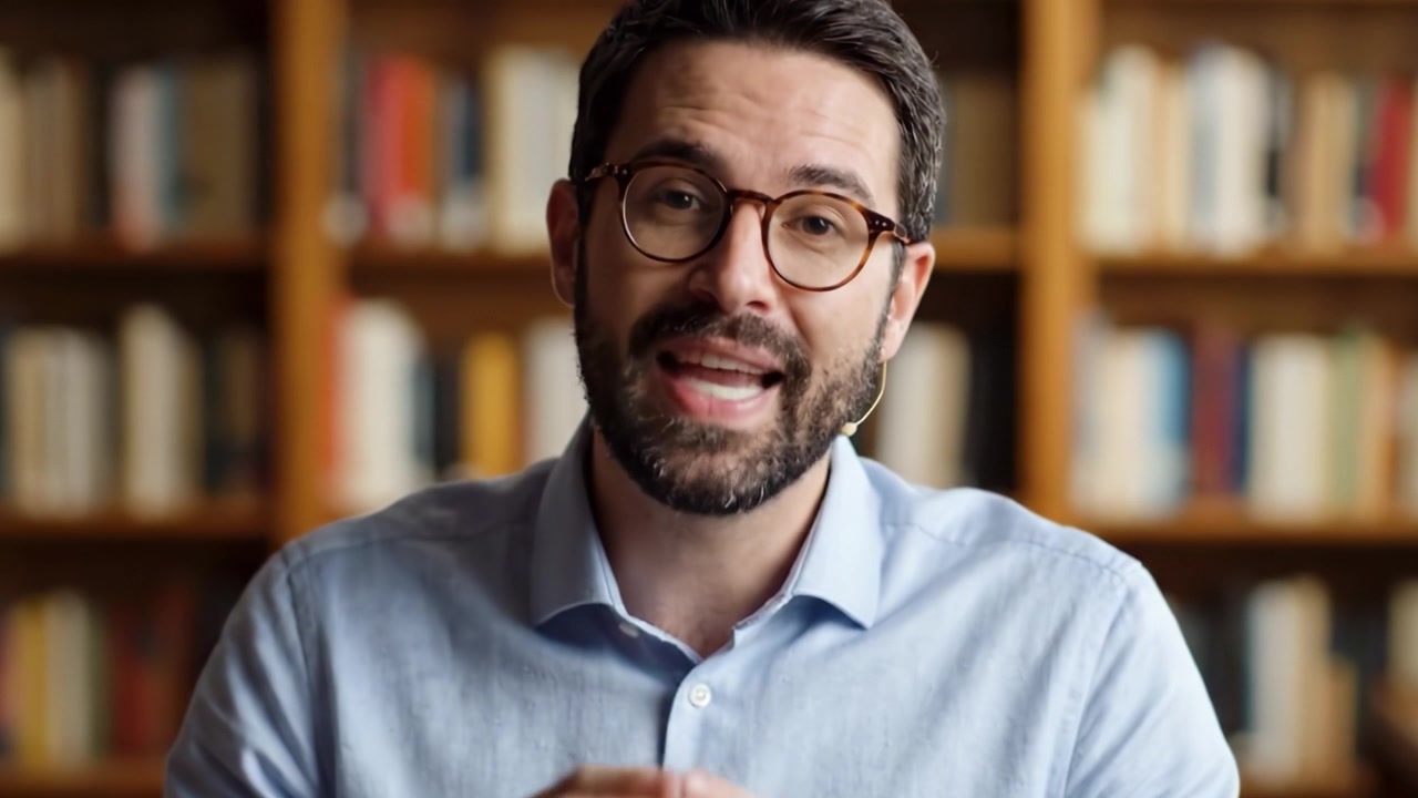 Sessione educativa coinvolgente con un oratore riflessivo in un'accogliente ambientazione di biblioteca, che condivide conoscenze e intuizioni con un pubblico entusiasta