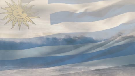 Composición-Digital-De-Ondear-La-Bandera-De-Uruguay-Contra-Las-Olas-En-El-Mar