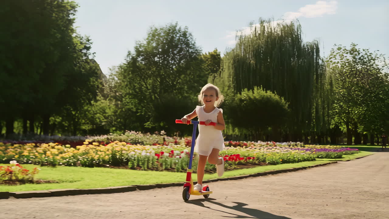 A young girl riding a scooter in a vibrant flower park