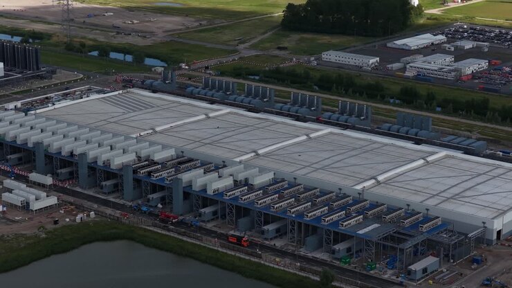 Luftvideo af et nybygget datacenter i Eemshaven, Holland, med B2B cloud server-infrastruktur, konstruktion og computerfaciliteter.