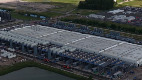 aerial video of a new-build data center in eemshaven, the netherlands, b2b cloud server infrastructure, construction, and computing facilities