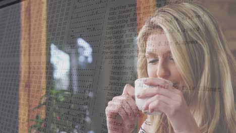 Animation-of-digital-interface-over-biracial-women-drinking-coffee