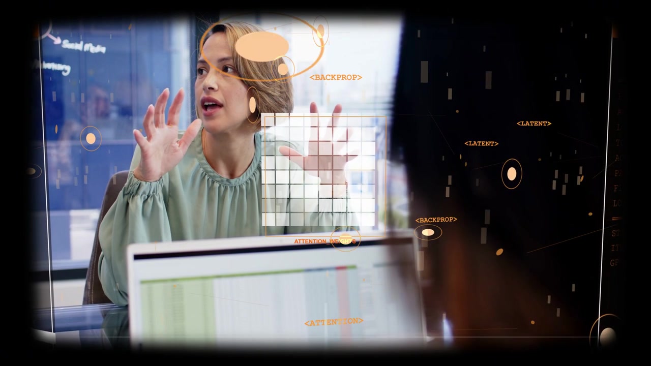 Woman in business meeting adjusting and speaking, gesturing and aligning UI grid with laptop charts