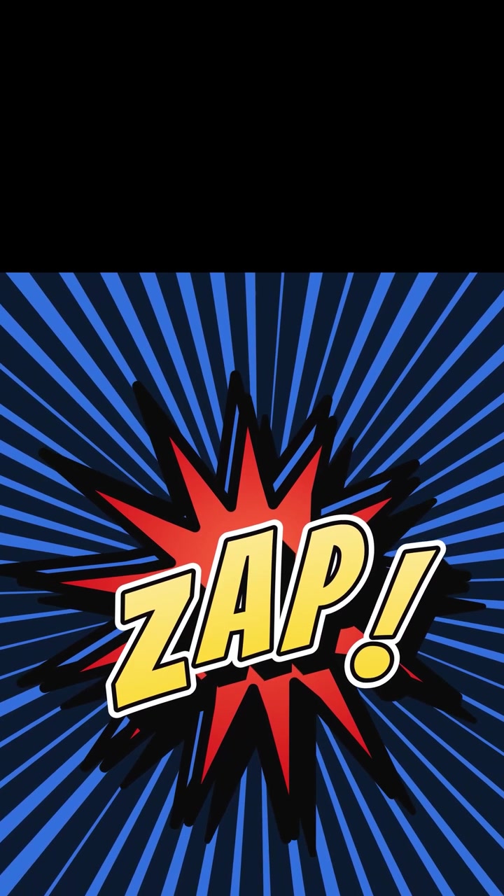 Comic book style zap text on rotating blue radial background with black copy space at top, seamless loop, vertical format