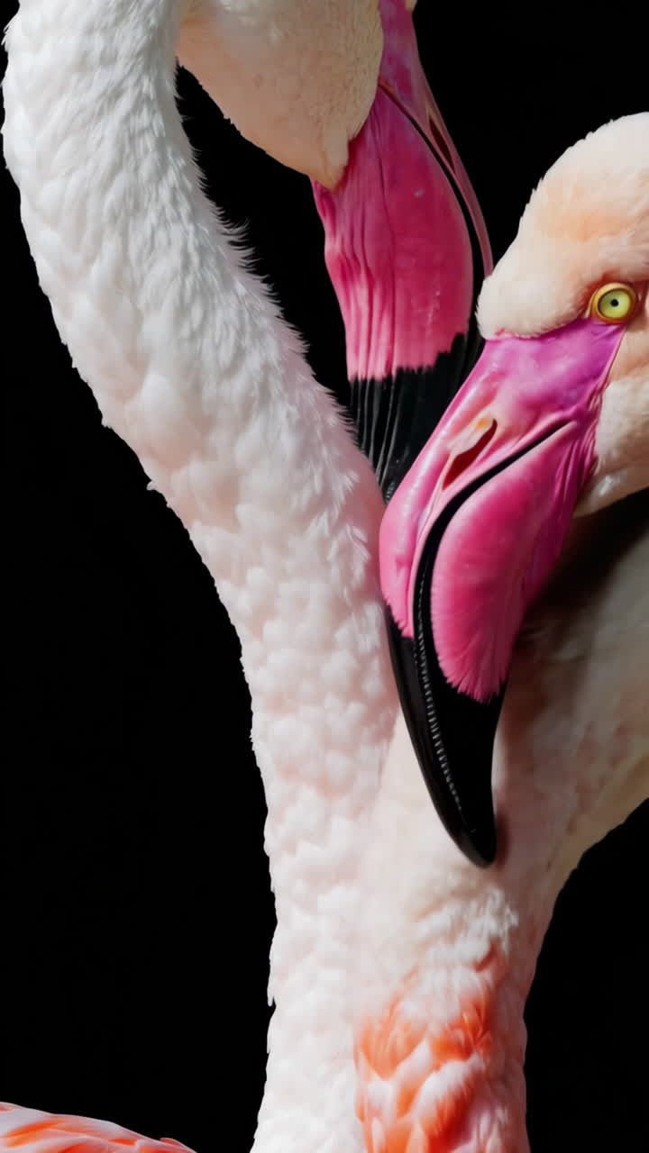 Two Flamingos Against a Black Background