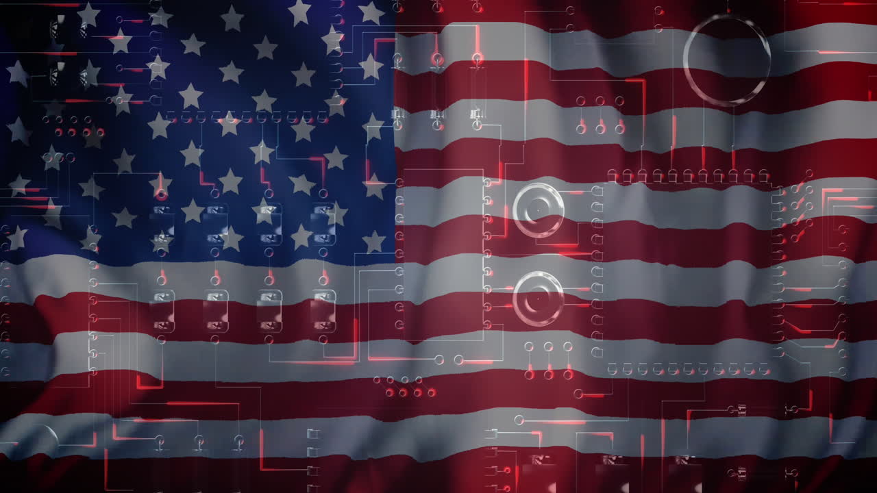 animación de un servidor de computadora sobre la bandera de los estados unidos de américa