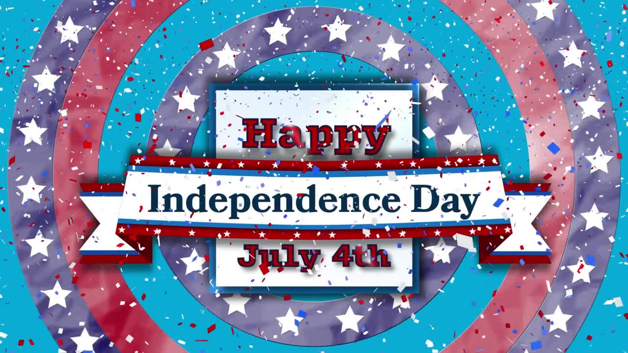 confeti cayendo sobre el banner de texto de la feliz independencia contra las estrellas en círculos giratorios