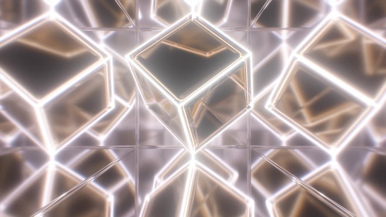 Abstract Reflective Solid Gold Neon Glow Cube Spinning in Mirror Room - 4K Seamless VJ Loop Motion Background Animation