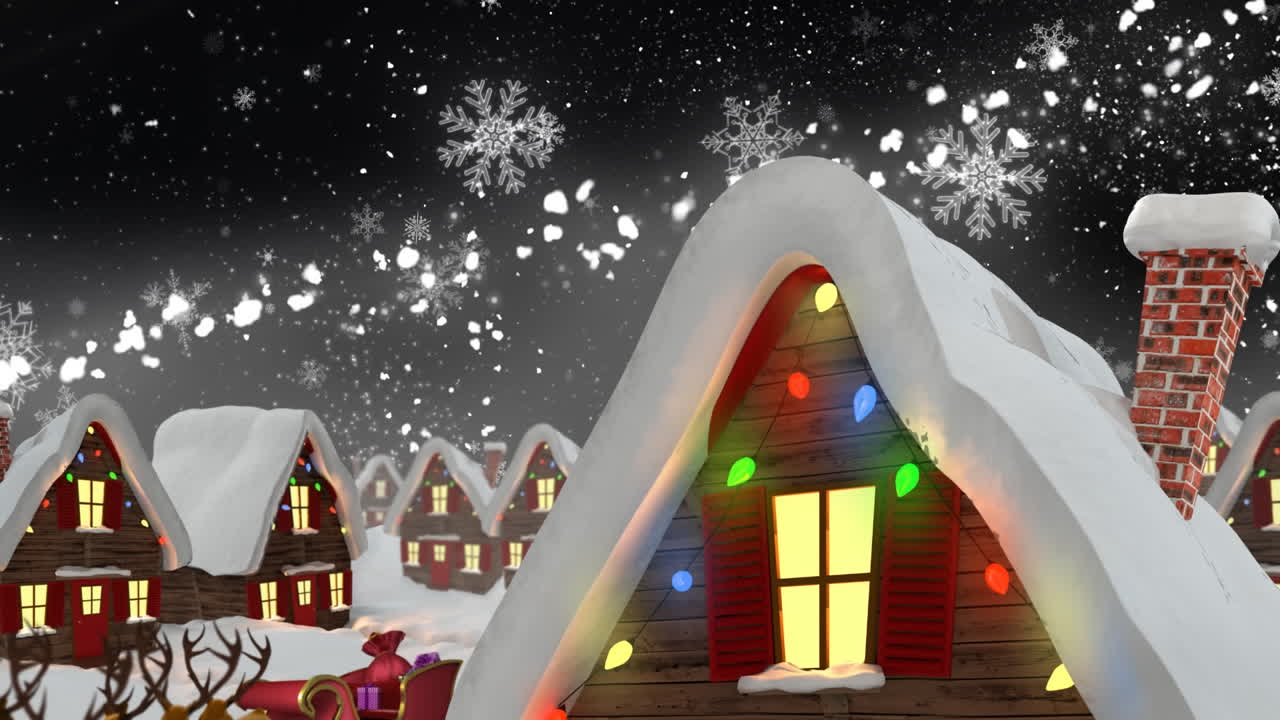 요정의 불빛으로 집 위에 내리는 눈의 애니메이션