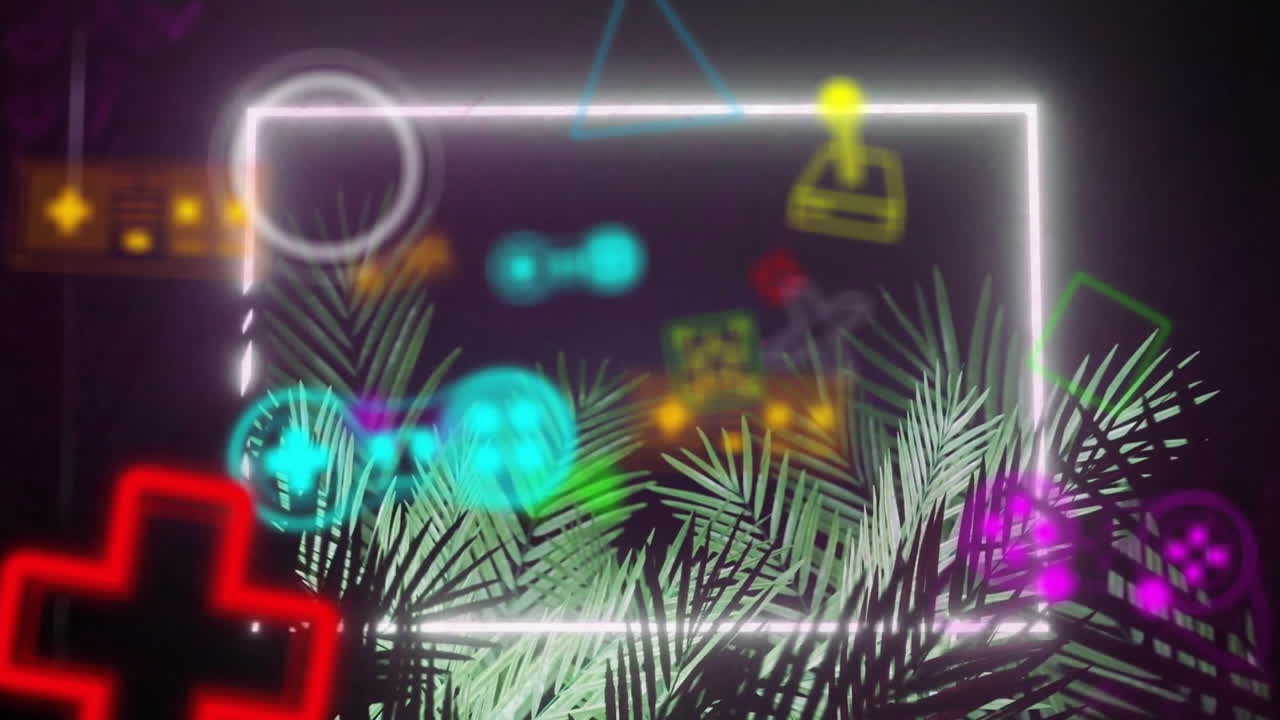 사각형, 게임 콘솔 및 기하학적 모양의 애니메이션으로 추상적인 배경에 플랜테이션이 있습니다.