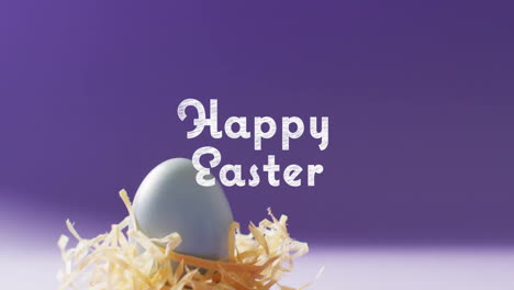 Animation-of-happy-easter-text-over-blue-easter-eggs-on-purple-background