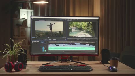 desk with video editing software on personal computer with big display at night