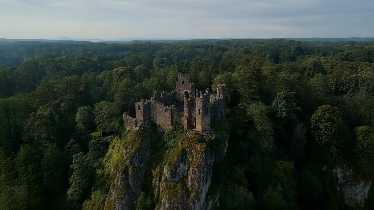 Inquadratura iniziale con drone che ruota e si avvicina a un castello di pietra su uno sperone roccioso, rivelando i dettagli