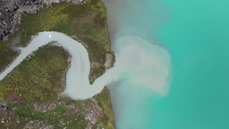 aerial drone shot of a river running into the ala-kol lake in kyrgyzstan, downward angle