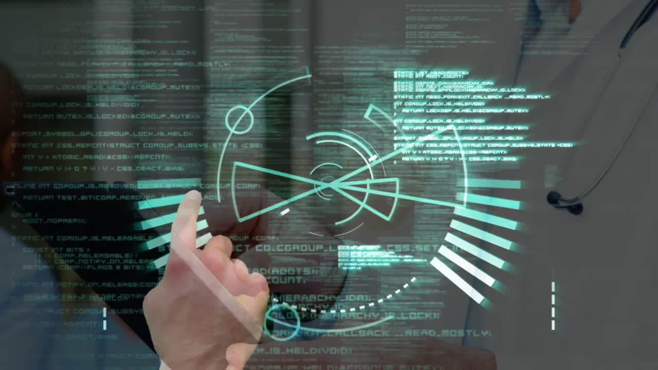 Doctor holding tablet showing health holographic brain with stethoscope and floating code in clinic