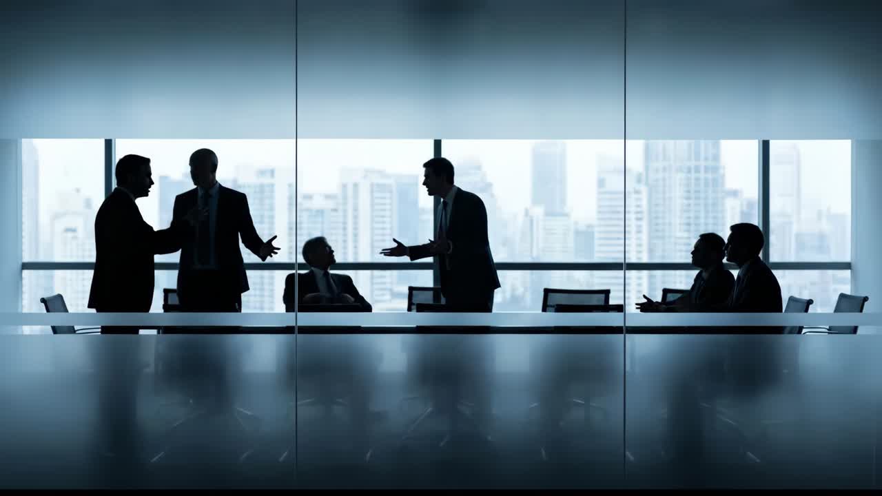 Silhouettes of Businessmen Having a Meeting in a Modern Conference Room