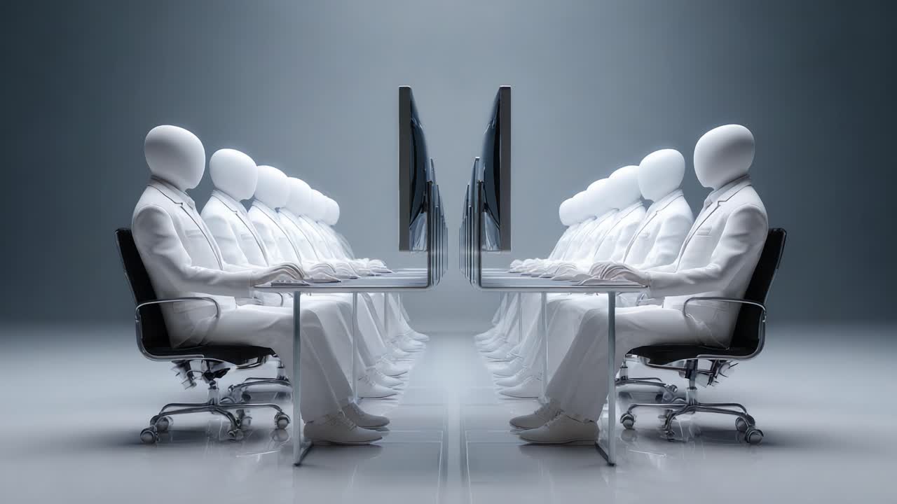 A futuristic workspace showcasing faceless figures seated at sleek desks, intently focused on glowing monitors, symbolizing technology, anonymity, and the evolution of digital communication