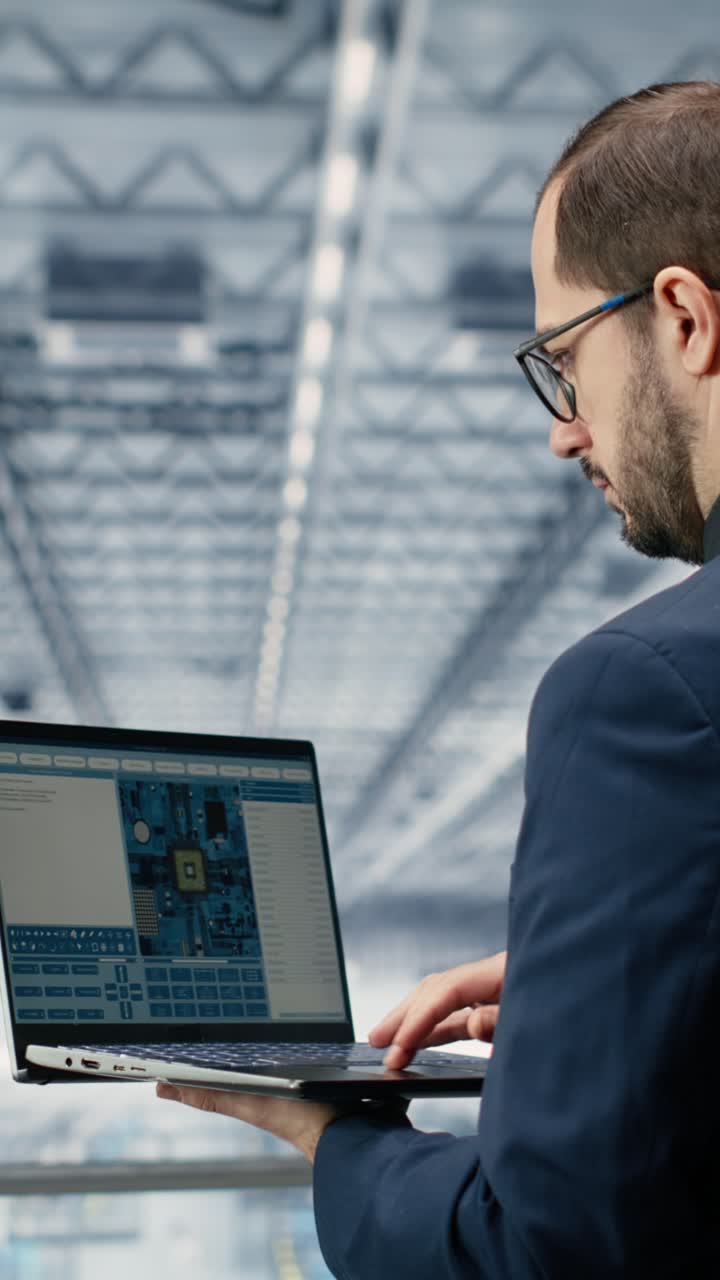 Vertikal video. Mann i smart mikrochipfabrikk som bruker en simuleringsapp for MES-programvare