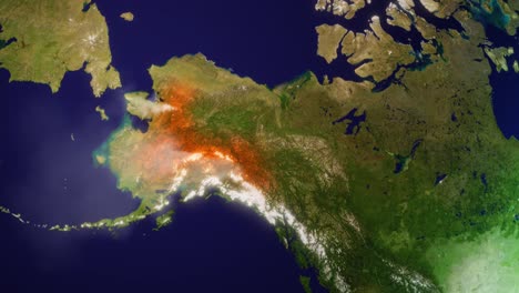 bosque de alaska e incendios forestales en el mapa de alaska - animación 3d con humo y crecimiento aéreo de daños - hecho de imagen de dominio público de la nasa