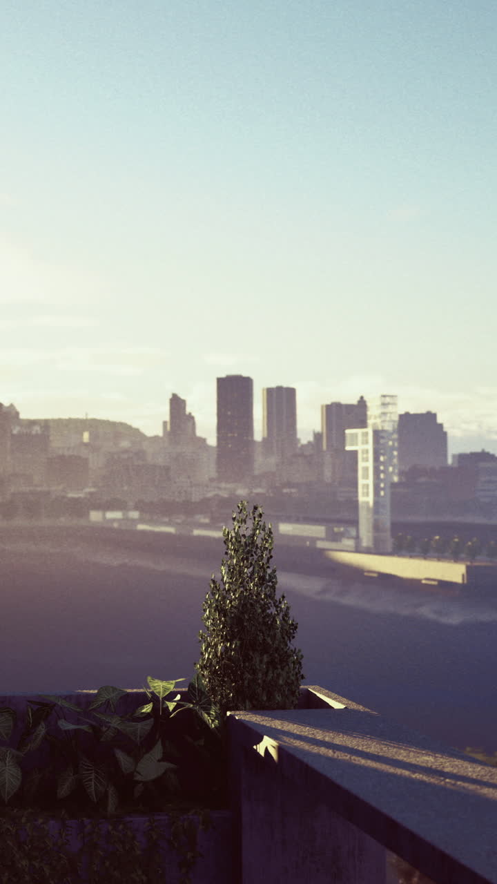 Vista do horizonte a partir de um jardim sereno no topo de uma colina ao nascer do sol em uma cidade agitada
