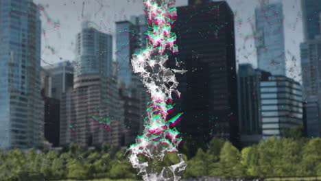 Composite-video-of-network-of-connections-floating-against-tall-buildings-in-background