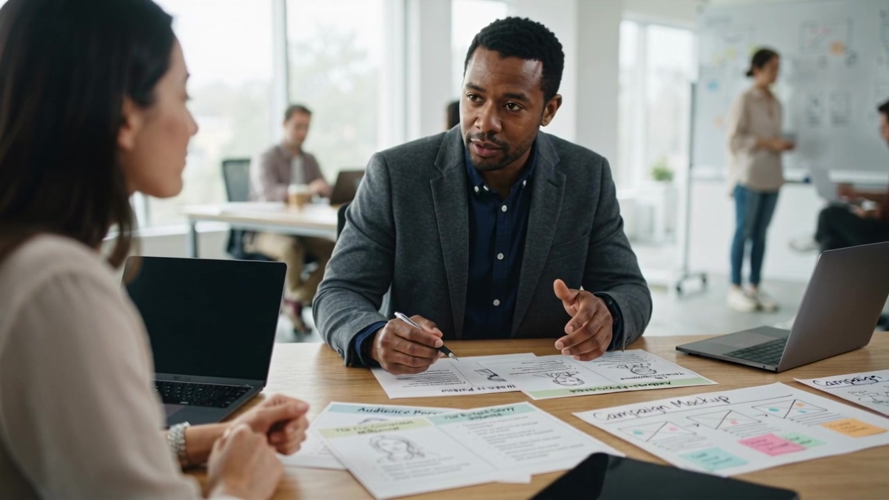 Woman starting discussion, man in dark blazer annotating diagrams with pen at table, working