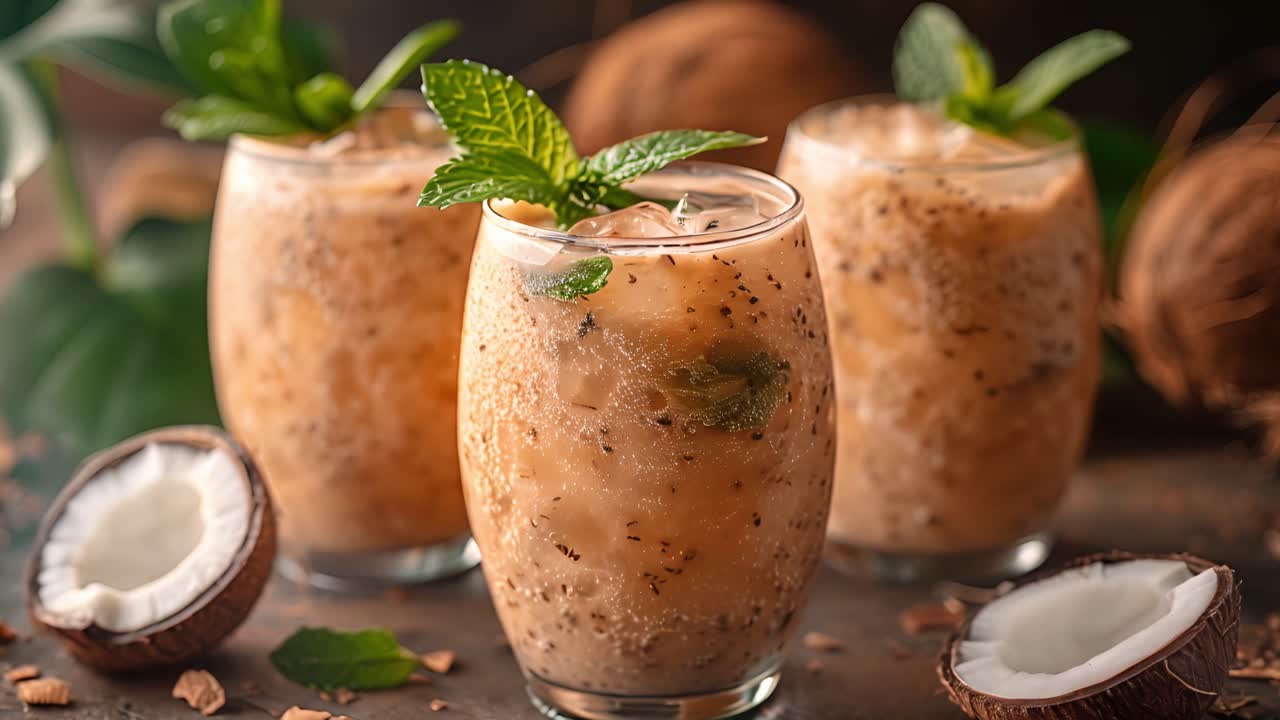 Refreshing Coconut Smoothies with Mint Garnish
