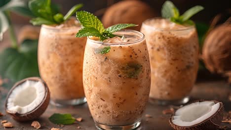 refreshing coconut smoothies with mint garnish