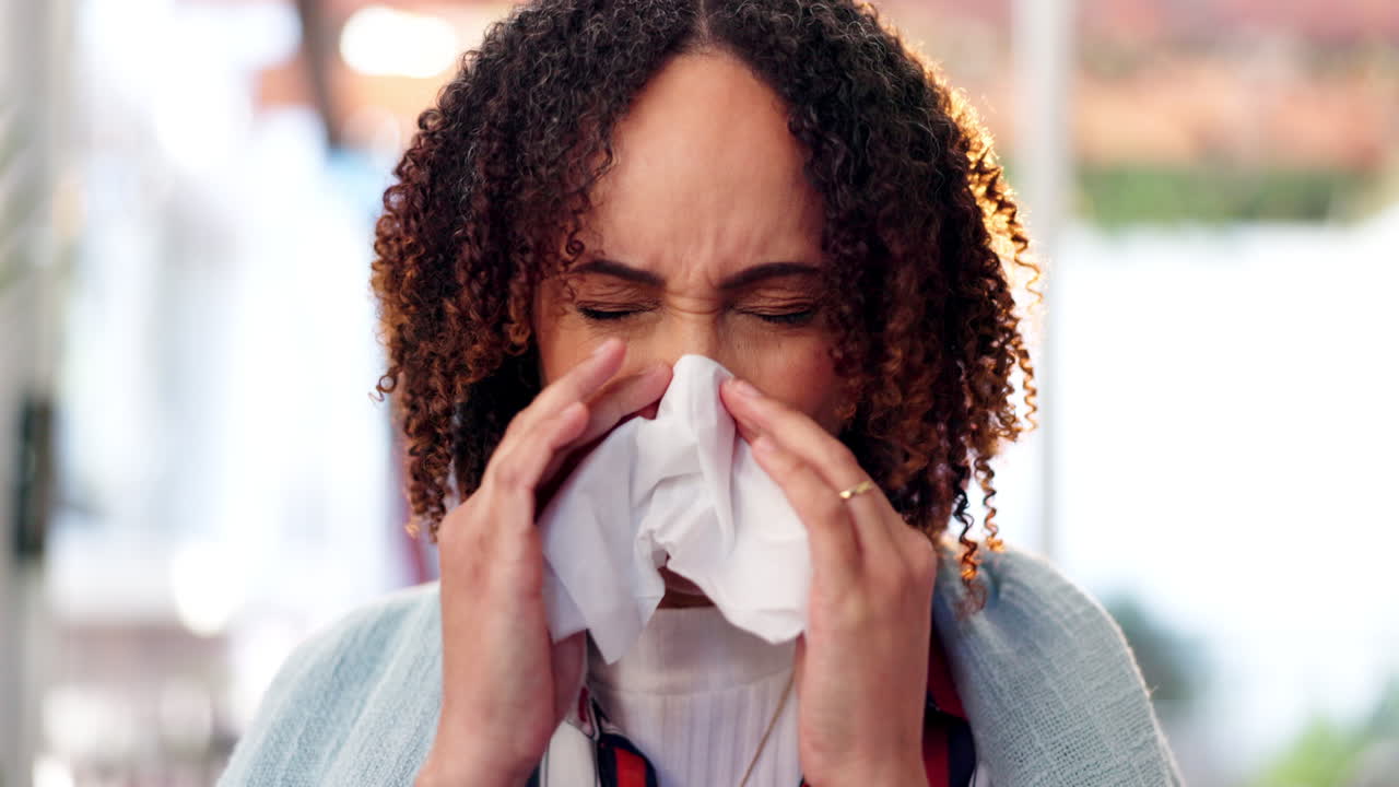 Woman with allergies using a tissue