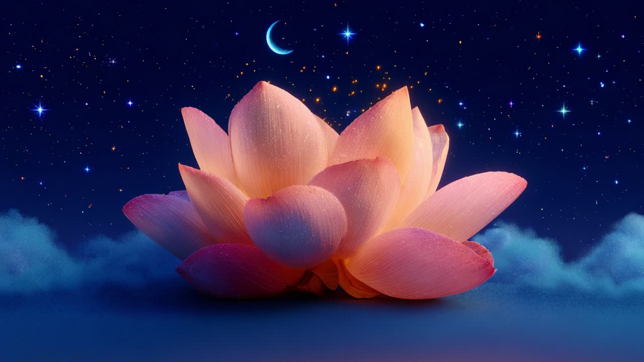 A Serene Night Bloom: A Beautiful Pink Lotus Flower Amidst a Starry Sky with Moonlight and Soft Clouds, Evoking Peace, Tranquility, and the Magic of Nature's Wonder