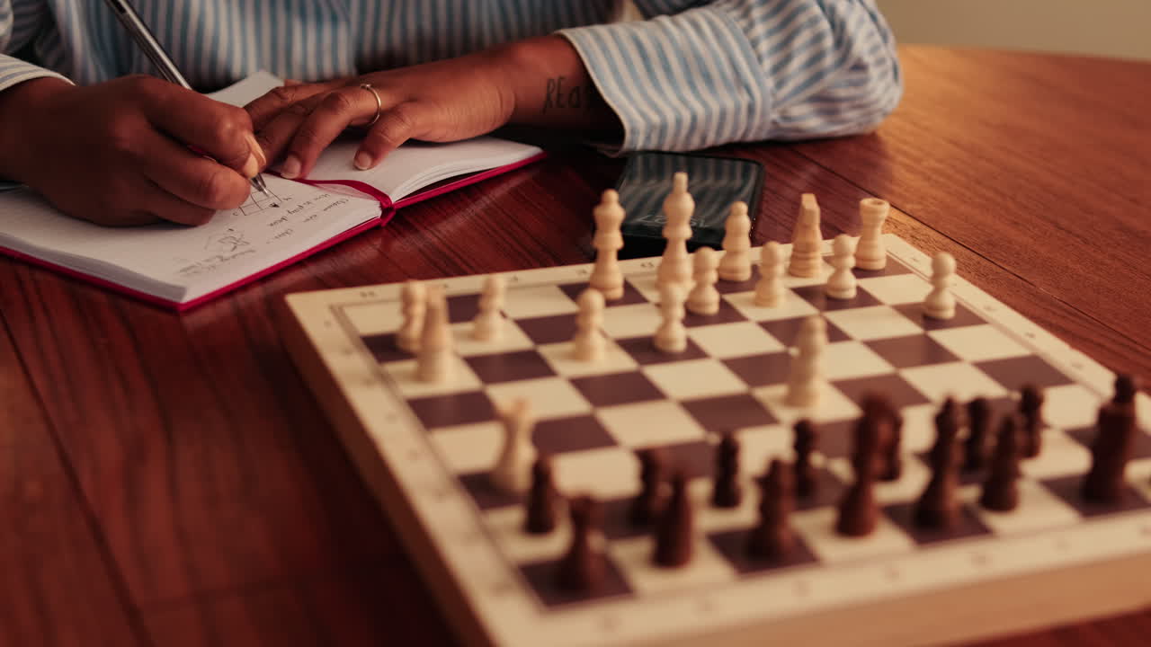Woman Analyzing Chess Game and Taking Notes