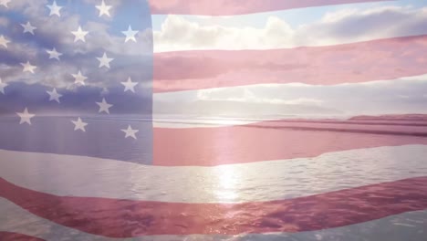 Animation-of-flag-of-america-waving-over-sunny-sky-and-sea