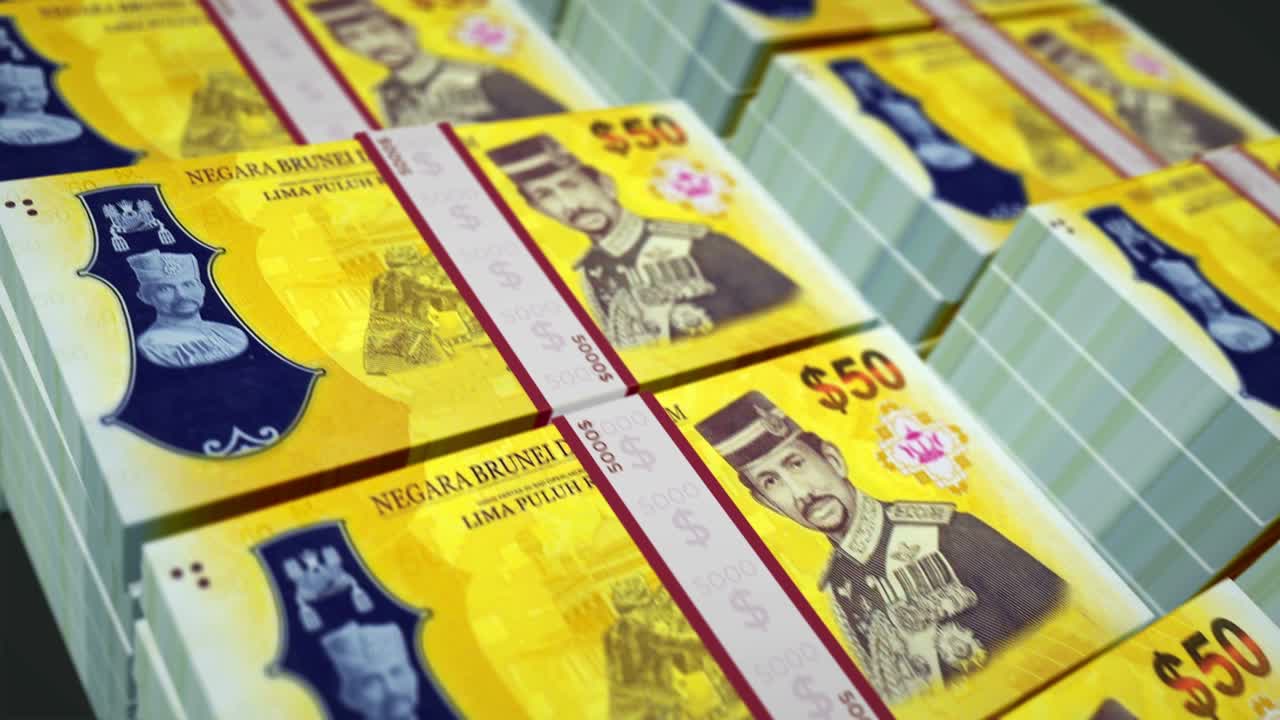 브루나이 달러 지폐는 완벽한 루프로 포장되어 있습니다.