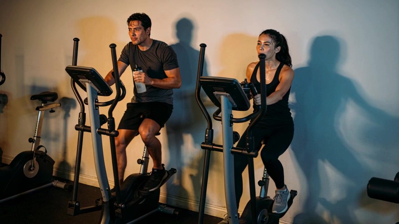 Pedalando, due ciclisti in nero su bici da spinning mantengono il ritmo per allenarsi in studio, sorseggiando dalle bottiglie.