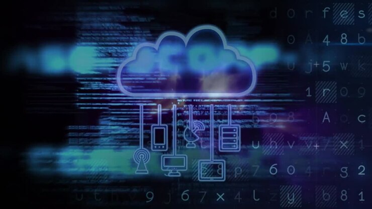 Animation of cloud with icons and data processing on black background