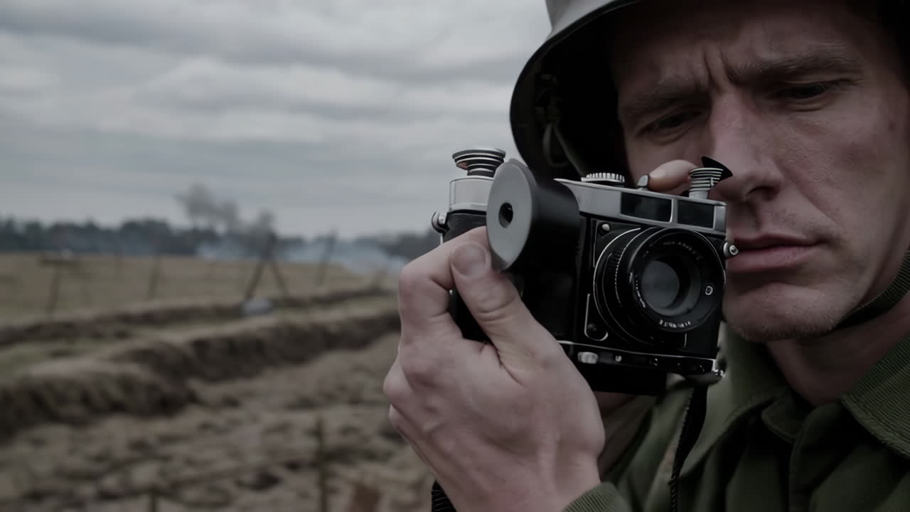 soldado de la segunda guerra mundial tomando fotos en el campo de batalla