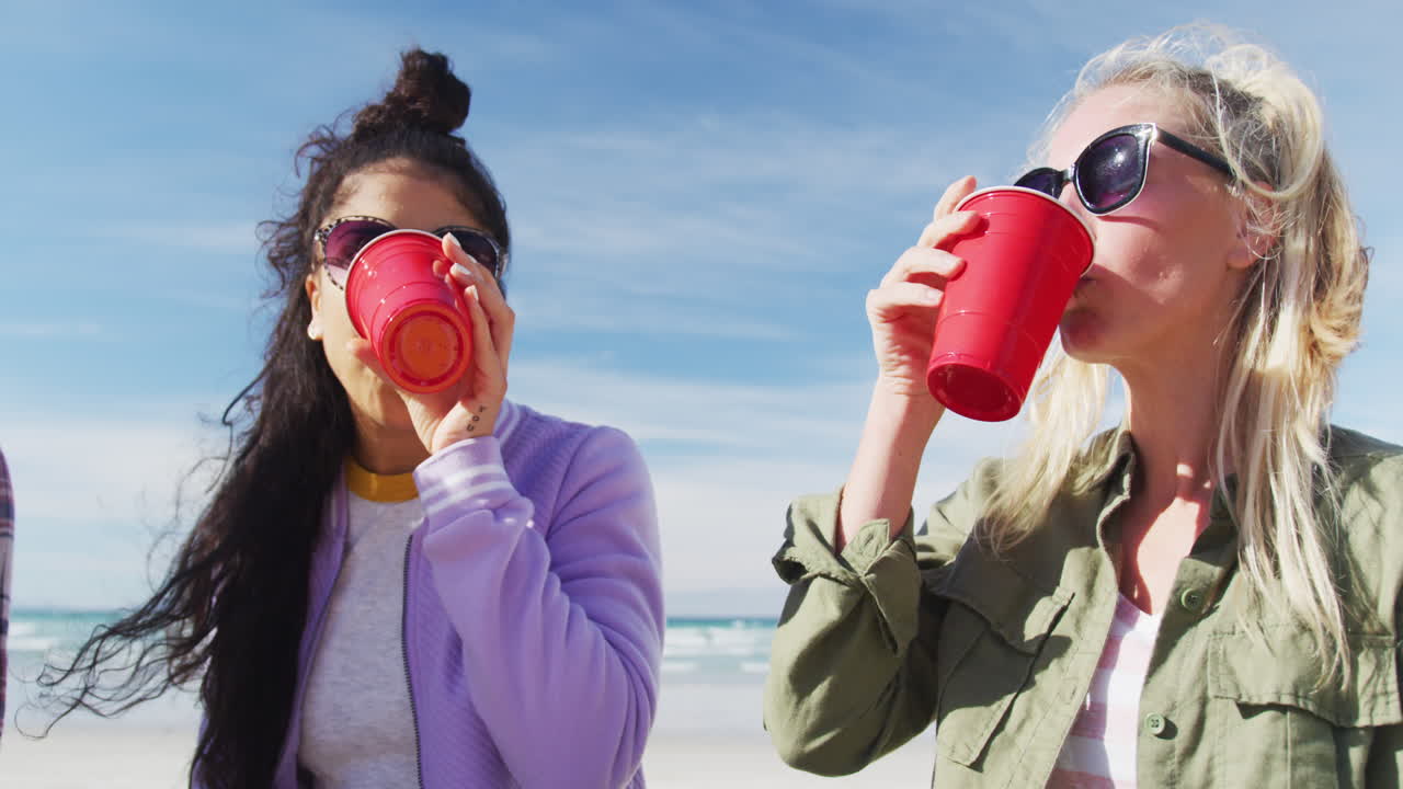 un grupo feliz de amigas diversas divirtiéndose, haciendo picnic en la playa