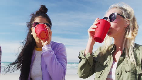 happy group of diverse female friends having fun, having picnic at the beach