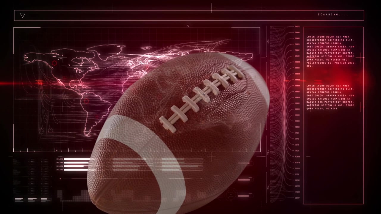Animazione di palla da rugby su mappa del mondo ed elaborazione dati