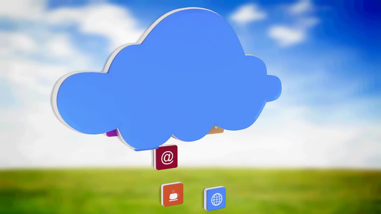 Animation of blue cloud and digital icons floating over landscape