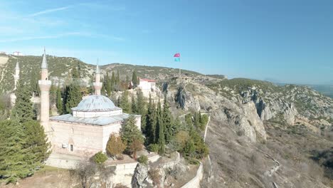 aerial view of orhan gazi mosque in bilecik. 4k footage in turkey