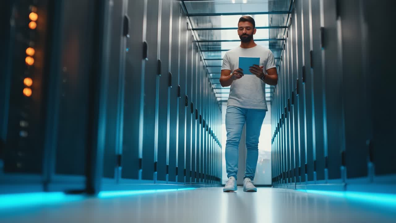 A professional navigating through a modern server room, examining data on a tablet amidst rows of illuminated server racks, highlighting the intersection of technology and data management