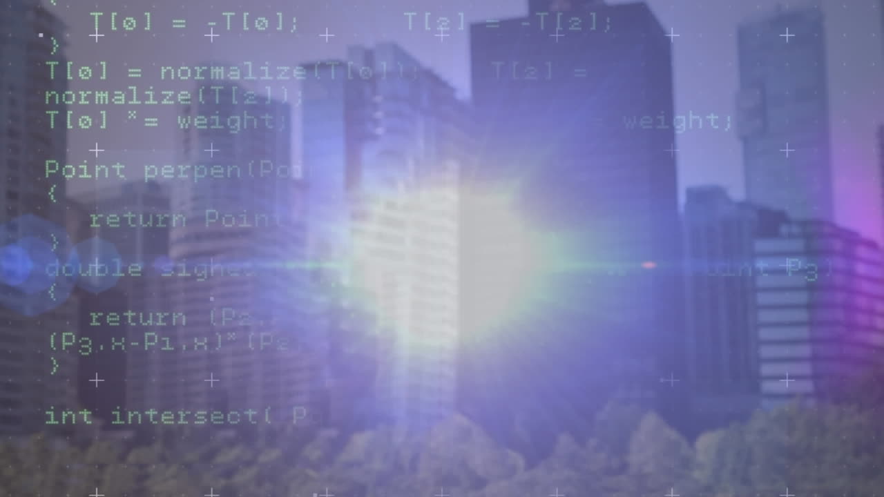Animation of bright light spot and data processing against tall buildings
