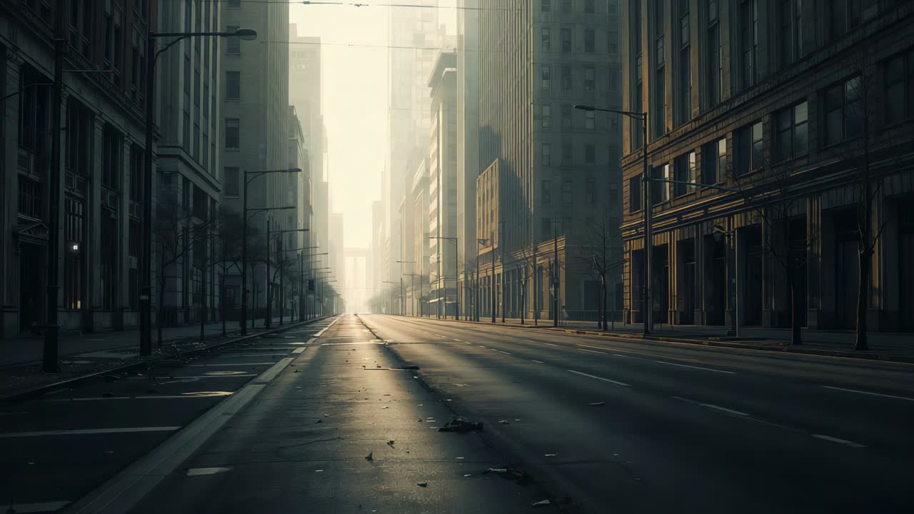 Wechselndes tiefstehendes Sonnenlicht hebt eine leere Hauptstraße in der Innenstadt hervor, mit verstreutem Schutt.
