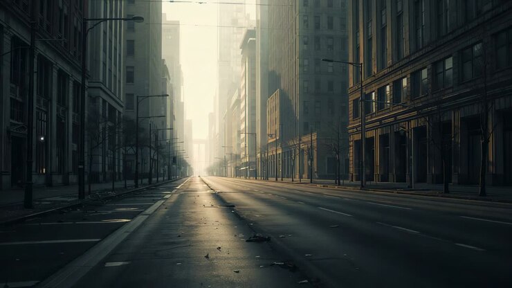 Wechselndes tiefstehendes Sonnenlicht hebt eine leere Hauptstraße in der Innenstadt hervor, mit verstreutem Schutt.