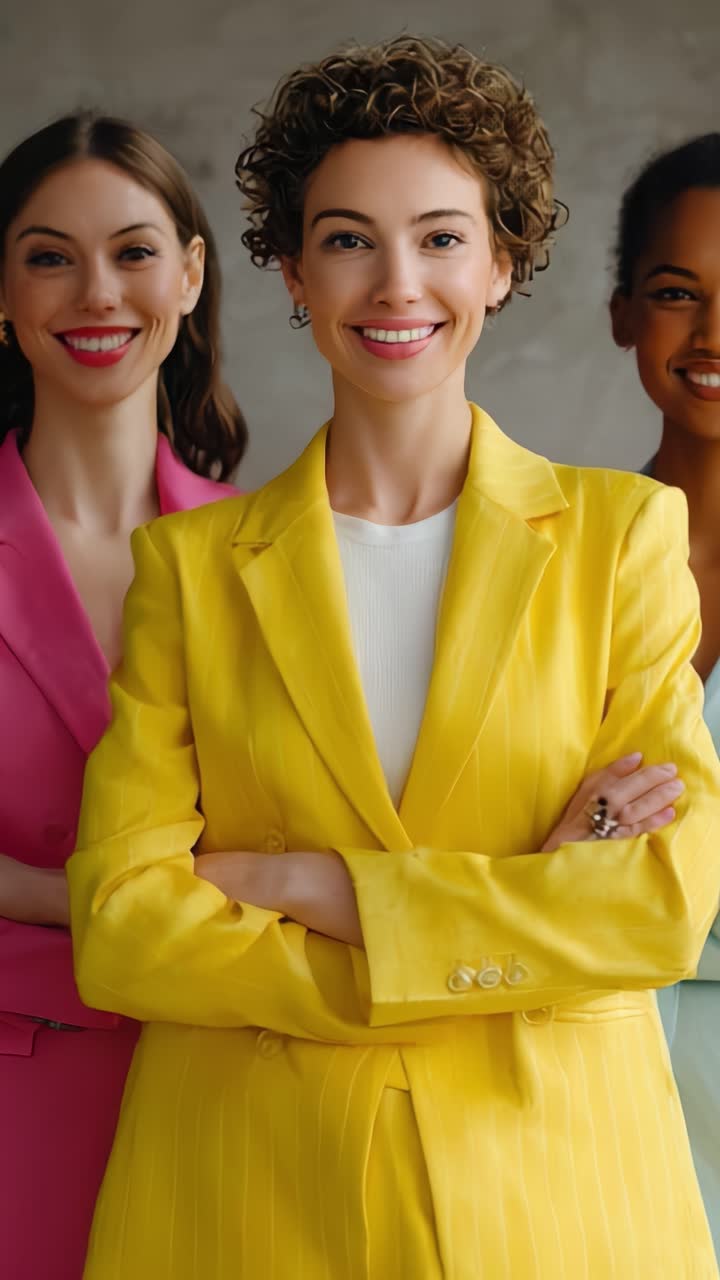 Un grupo de mujeres seguras de sí mismas muestra una moda llena de color, con una figura central vestida con un llamativo traje amarillo, rodeada de dos compañeras con estilo.