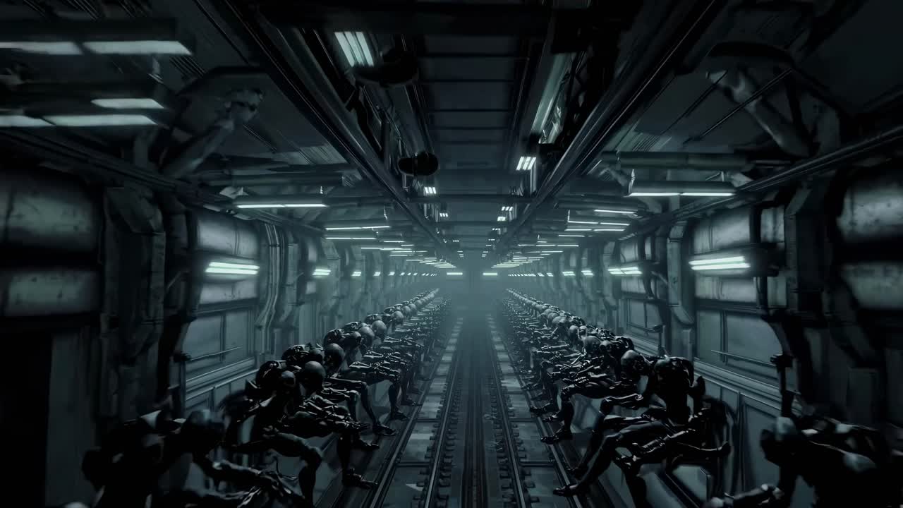 filas de robots en un corredor de ciencia ficción