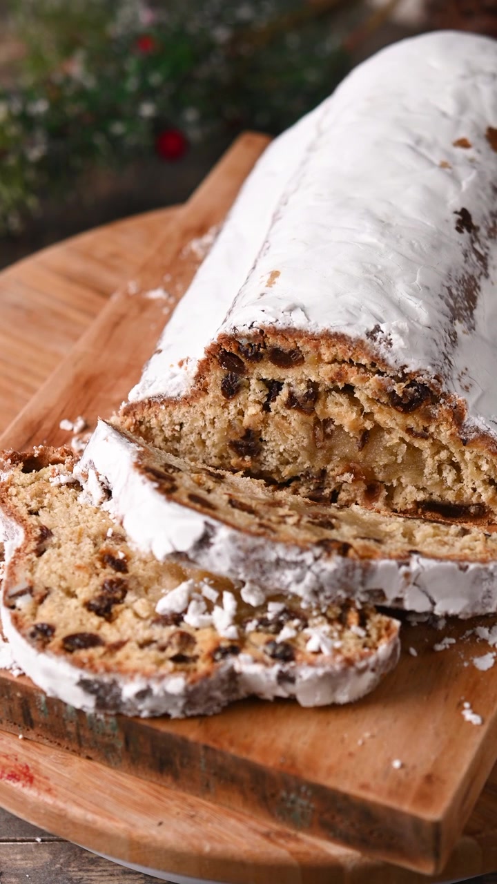 Traditional Christmas Stollen with Raisins and Powdered Sugar